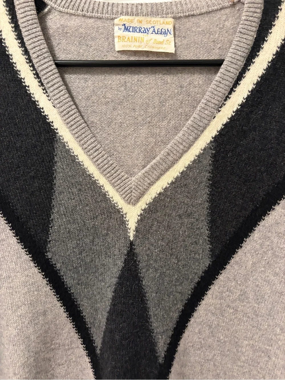 Vintage Scottish Cashmere Geometric V Neck Sweater Gray Black Made in Scotland